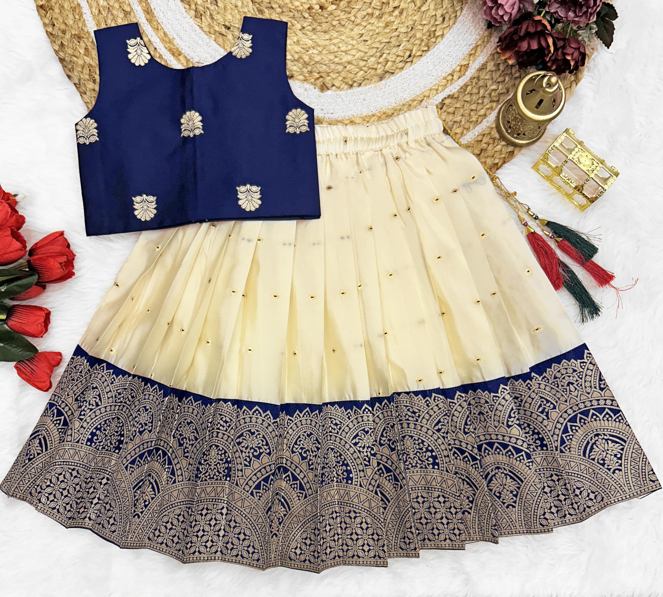 FELIZ Baby Girl Cotton Pattu Pavadai Lehenga Choli - Baby Blue - Image 3
