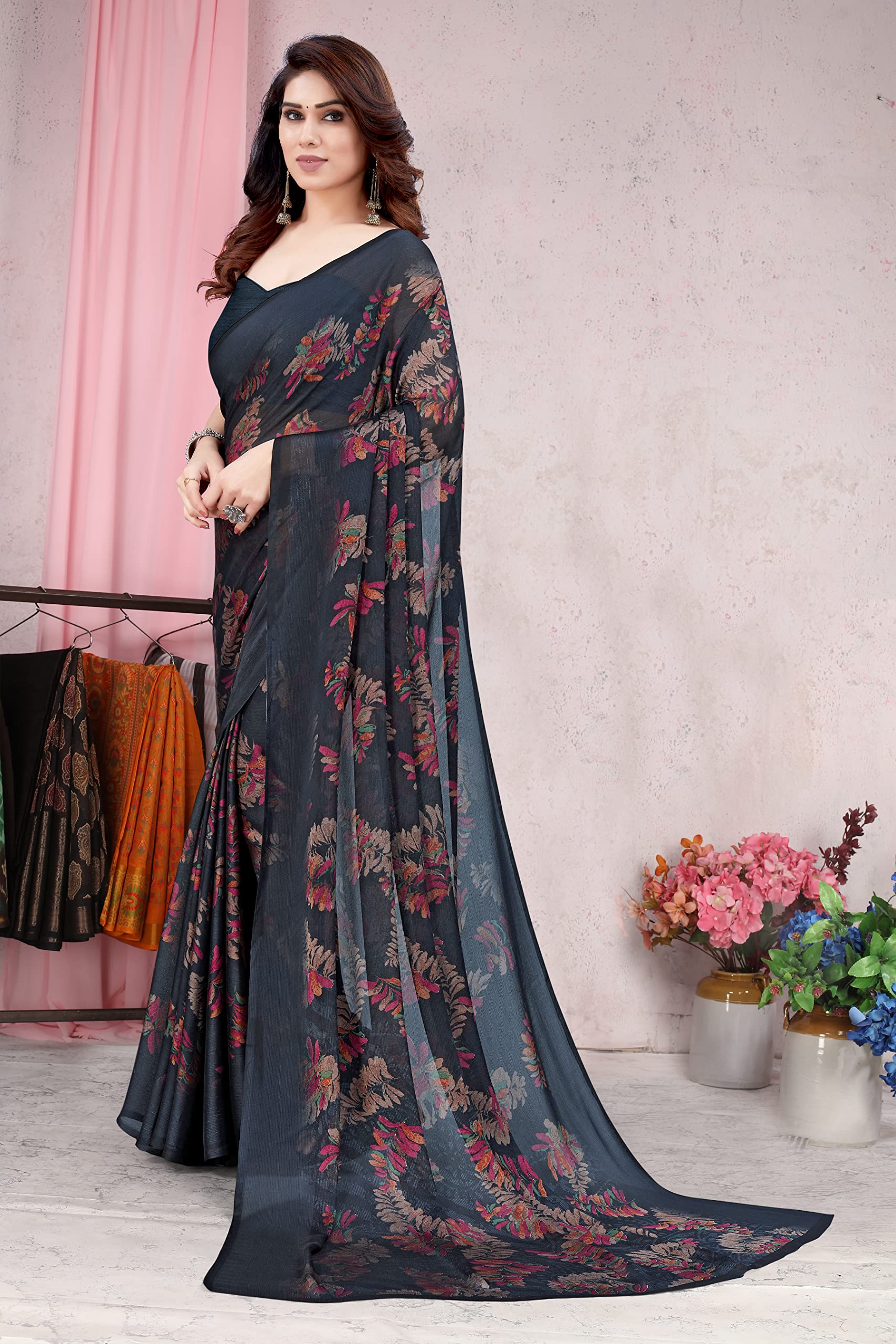MIRCHI FASHION Leaf Printed Chiffon Saree for Women - Black - Image 4