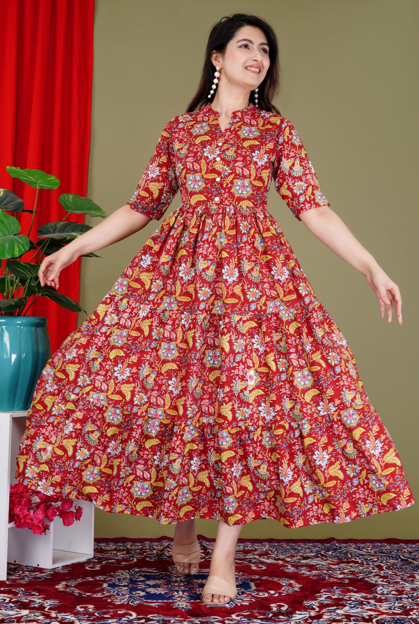 Gudwear Printed Anarkali Kurta for Women - Red - Image 3