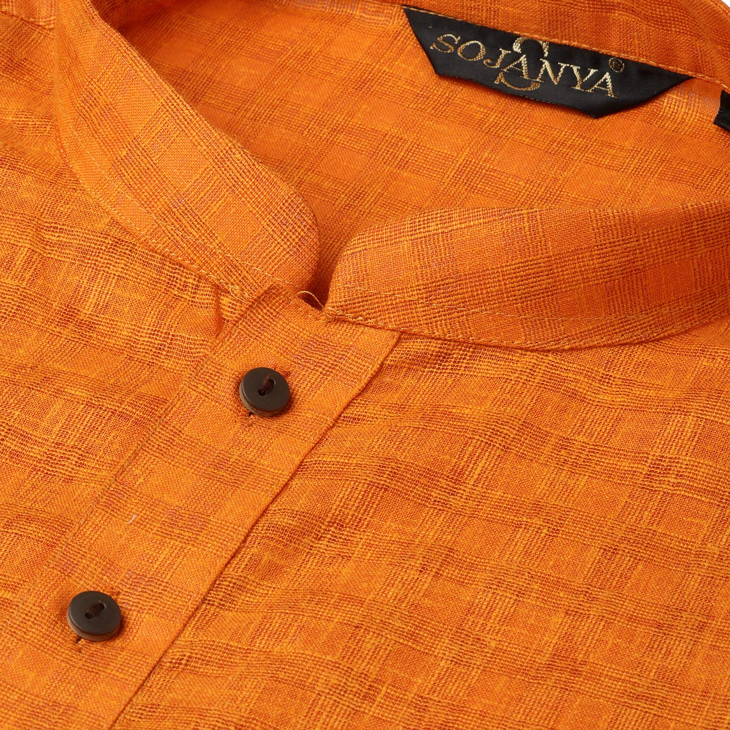 SOJANYA Men's Cotton Linen Checked Long Kurta - Orange - Image 4