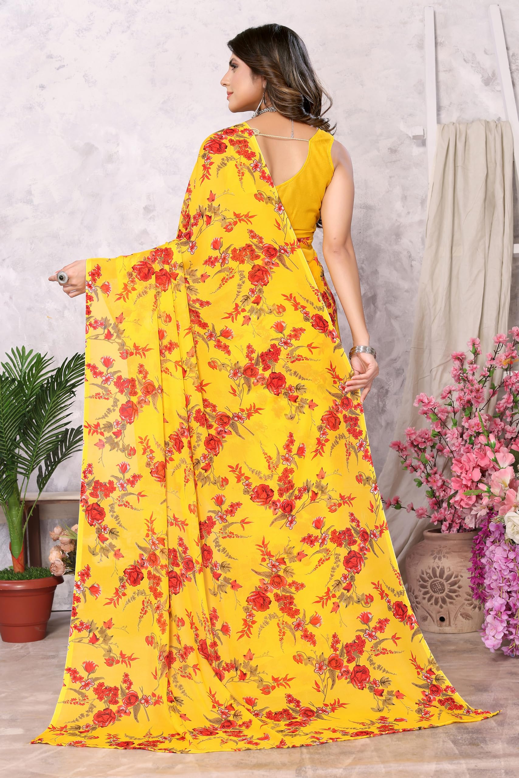 Yashika Women's Printed Georgette Saree - Yellow - Image 4