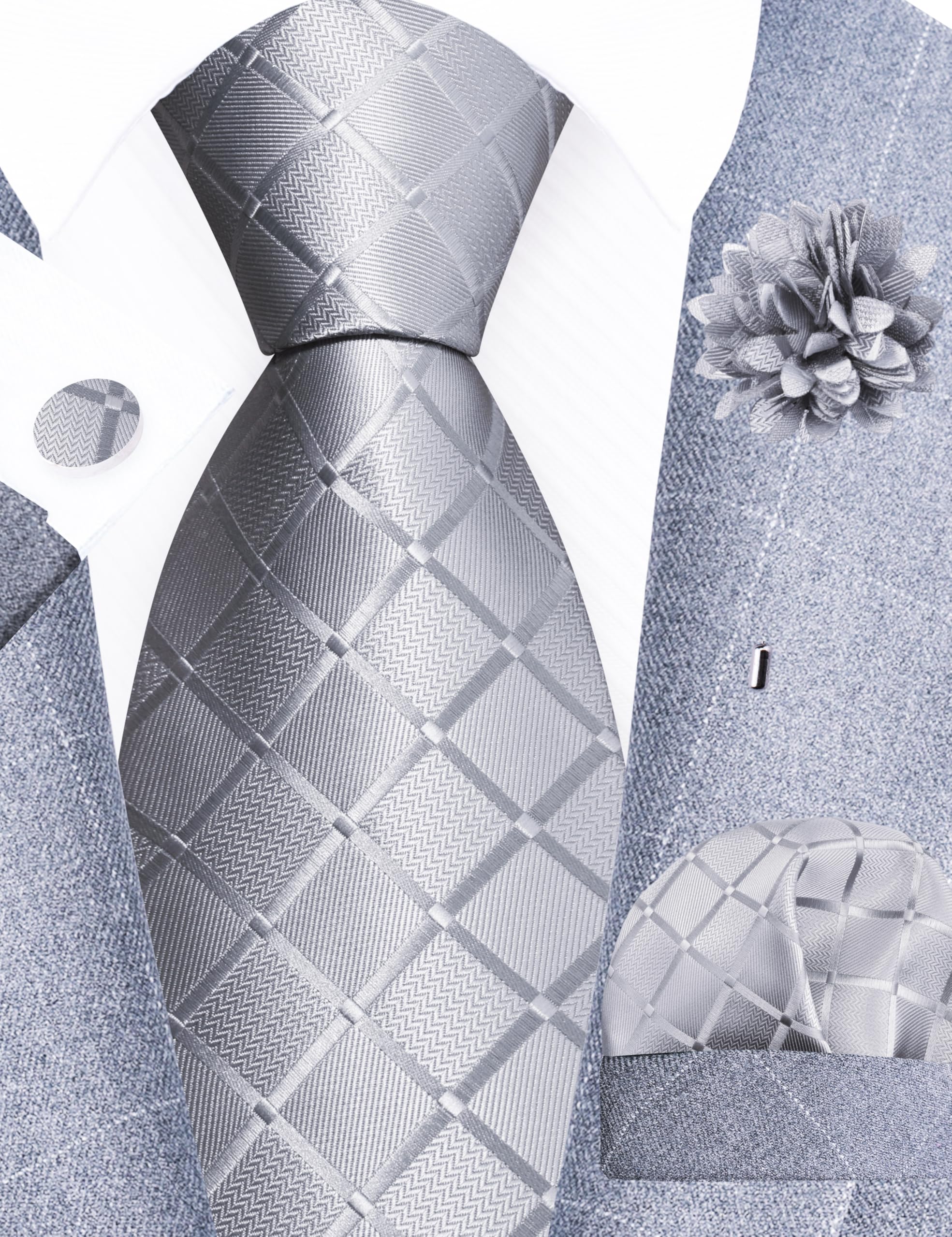 GUSLESON Mens Plaid Wedding Necktie - Light Grey - Image 2