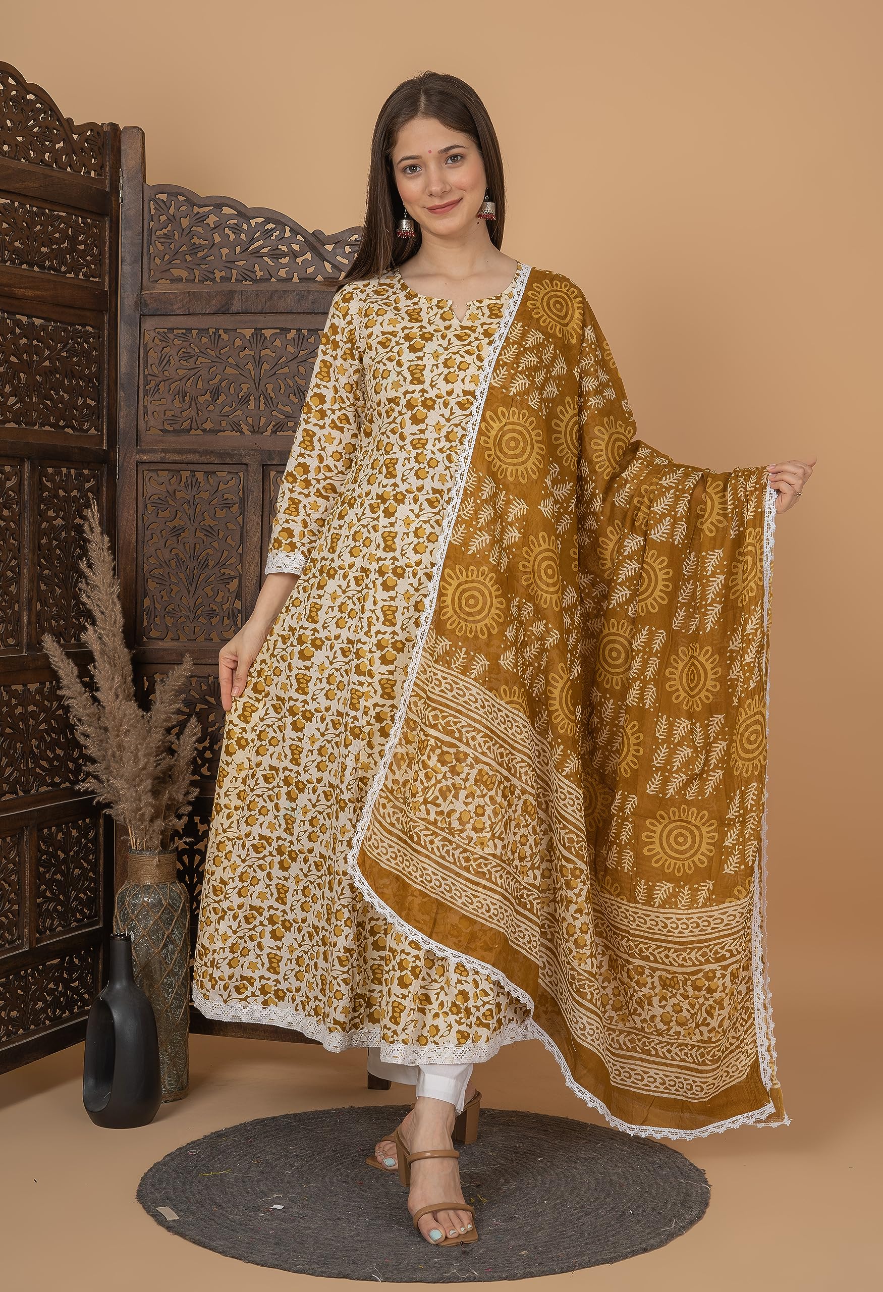 MEERA FAB Brown Cotton Printed Anarkali Kurta for Women - Image 2