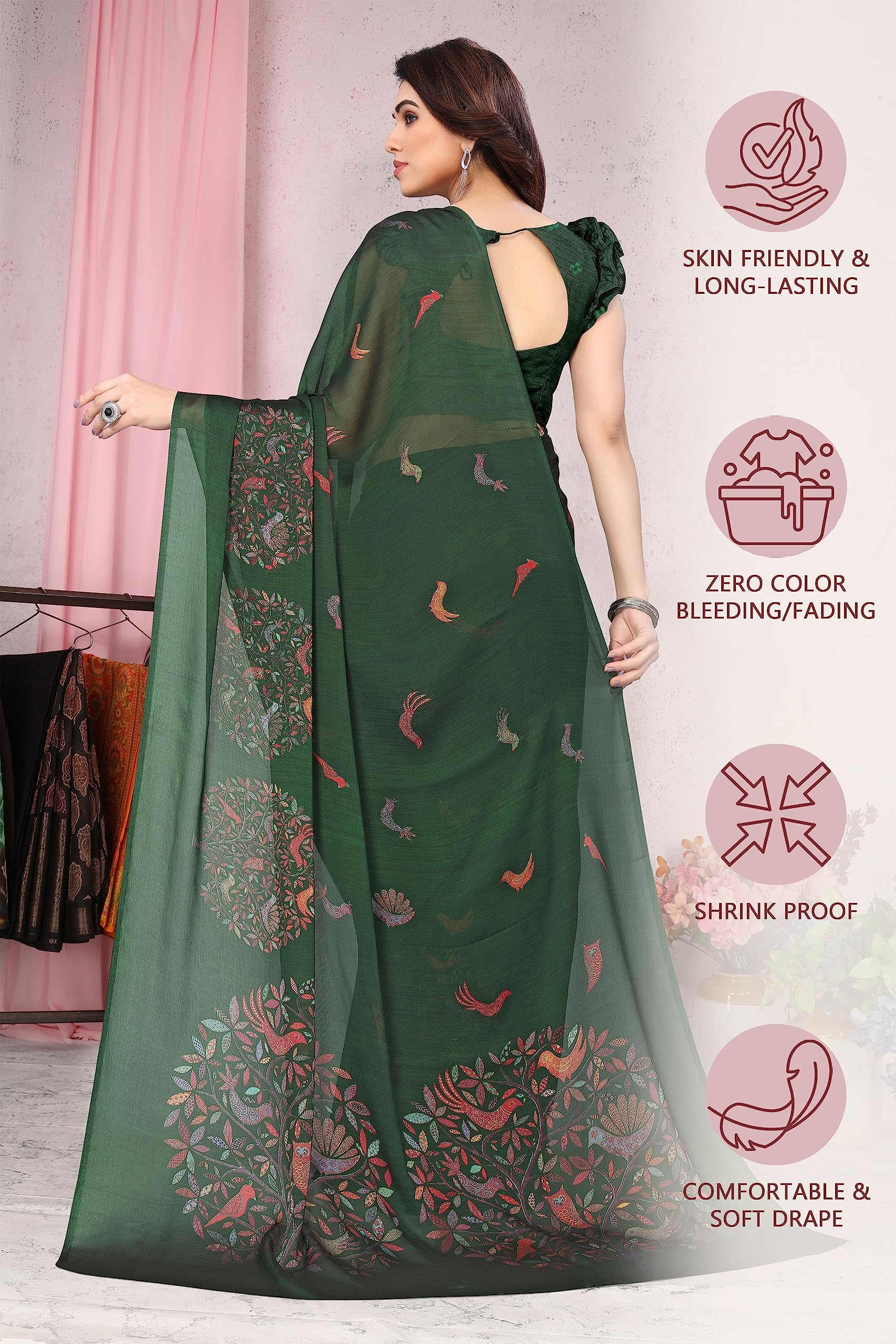 MIRCHI FASHION Green Madhubani Printed Chiffon Saree for Women - Image 3