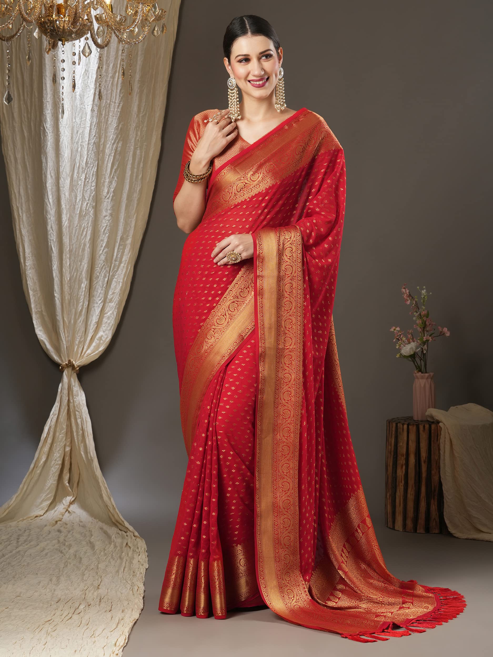 AKHILAM Kanjeevaram Georgette Saree - Red - Image 5