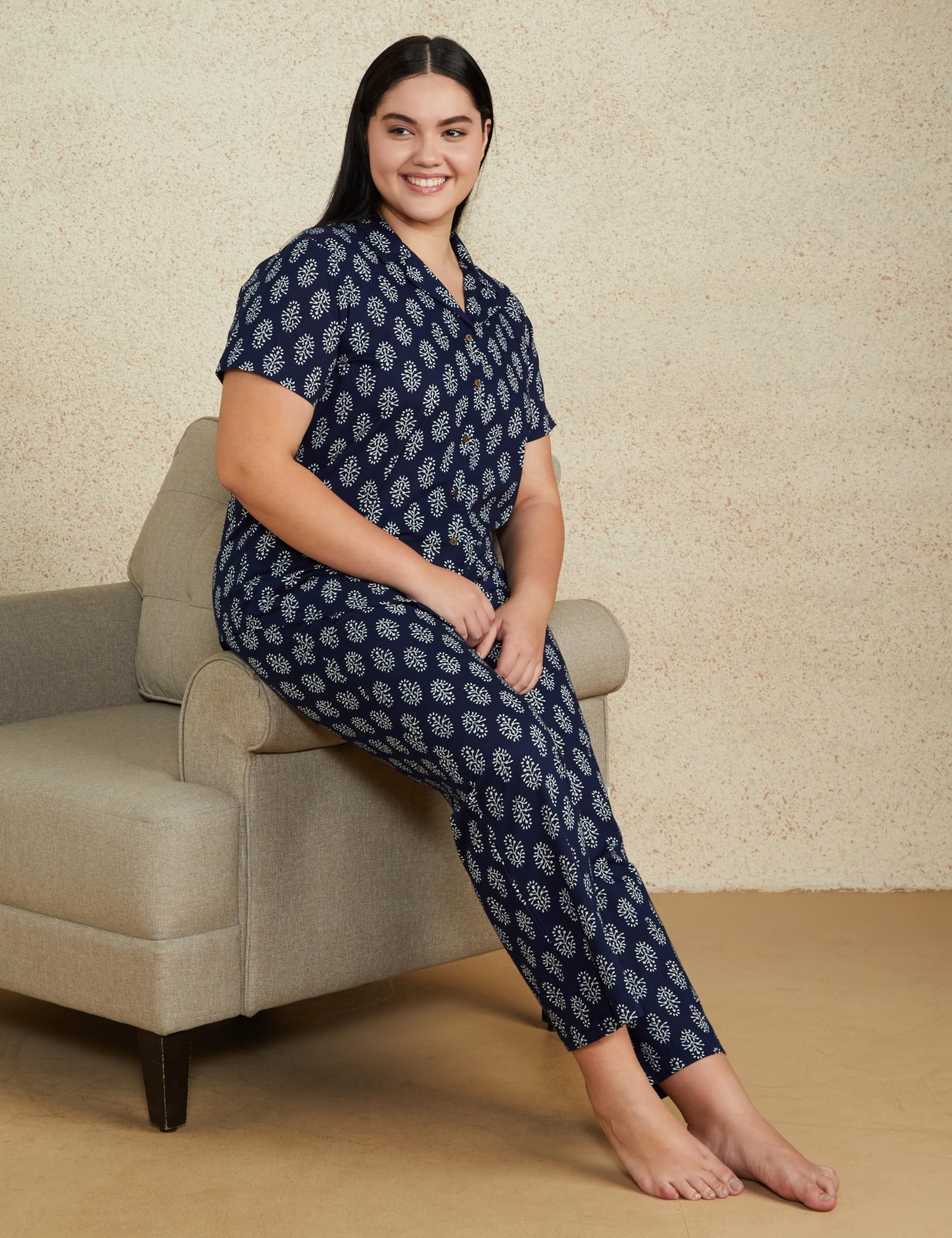 Myx Women's Cotton Shirt and Pajama Night Suit - Navy - Image 5