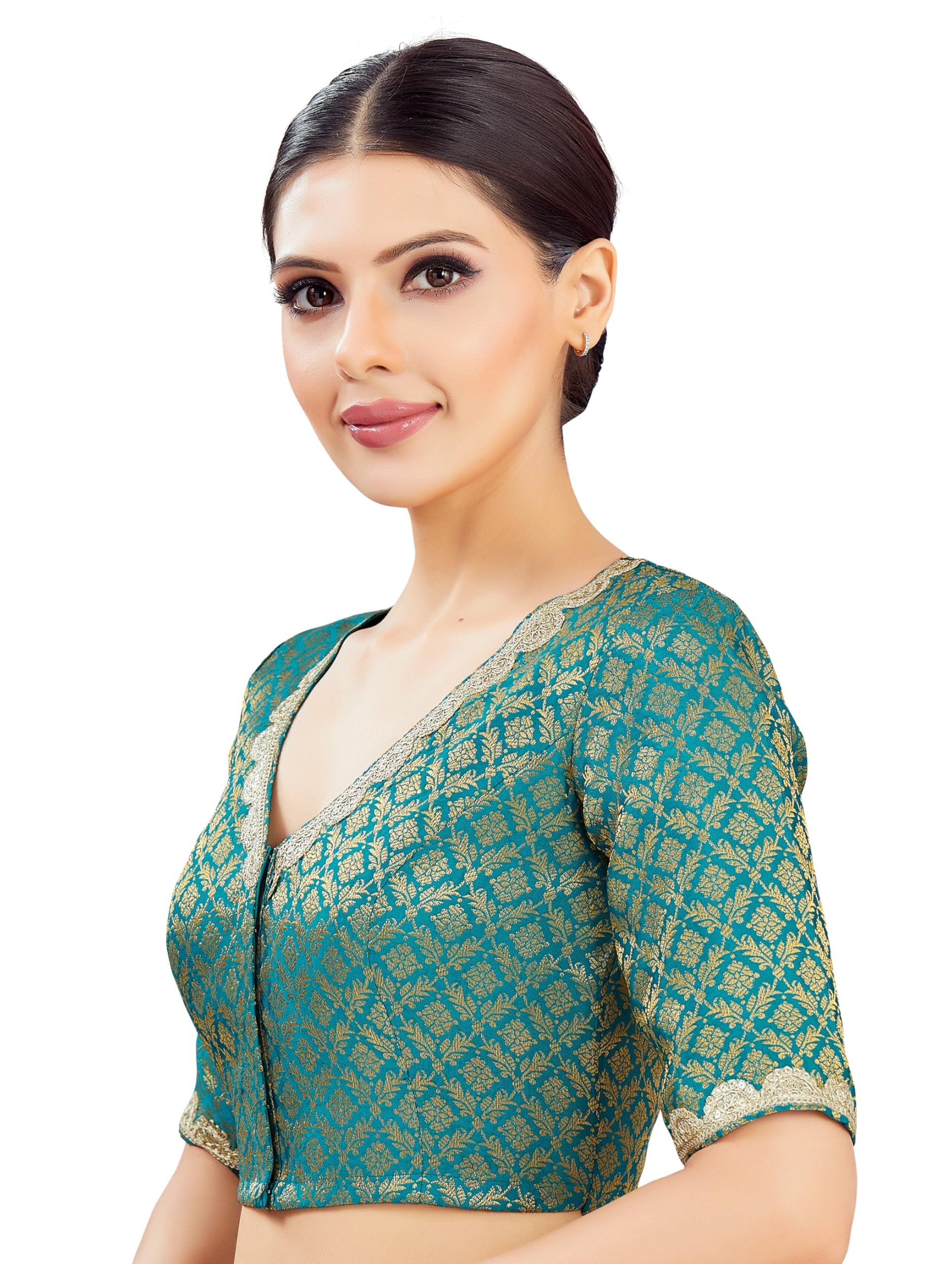 Studio Shringaar Firozi Brocade Embroidered Saree Blouse - Image 3