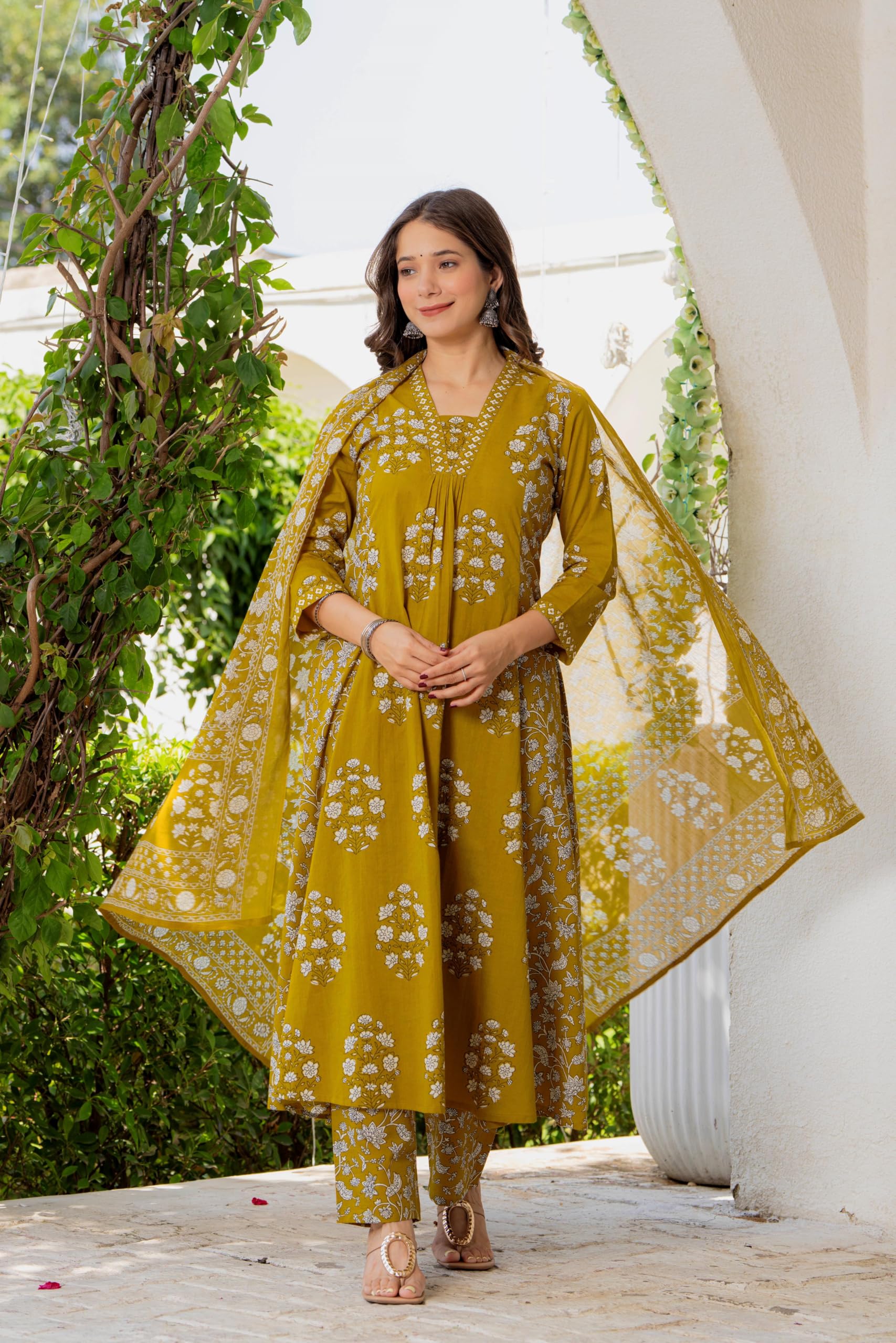 PARTHVI Yellow Cotton Block Printed Anarkali Kurta Set - Image 5