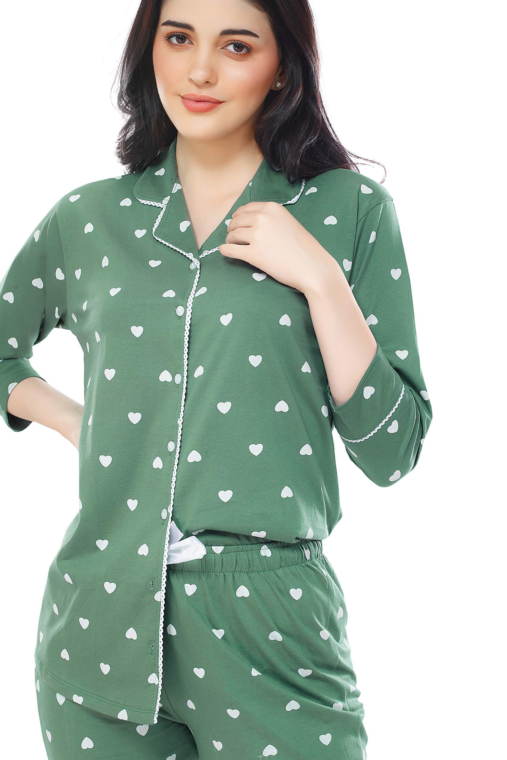 ZEYO Women's Cotton Heart Printed Green Night Suit - Image 2