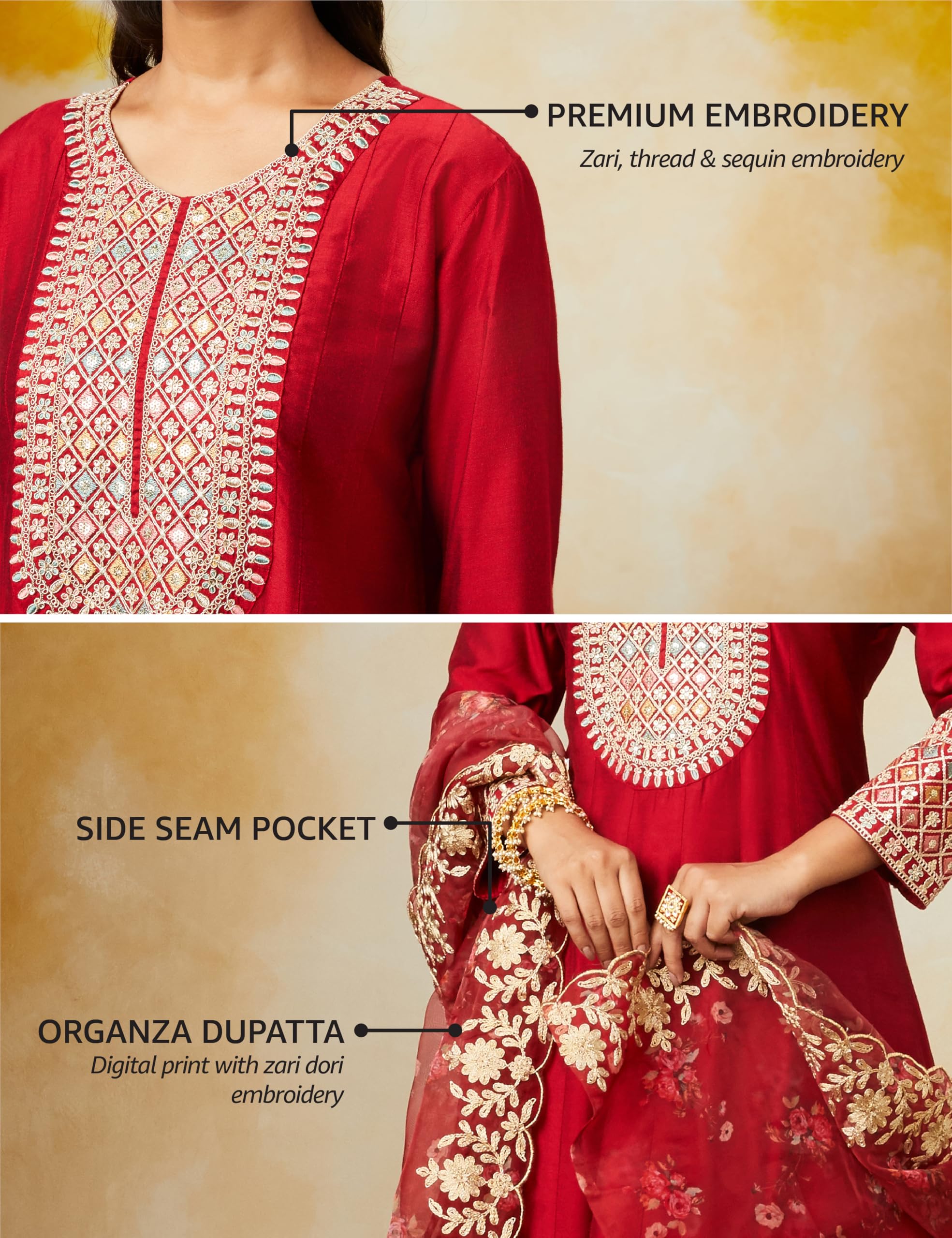 Myx Women's Embroidered Anarkali Kurta Set - Deep Red - Image 3