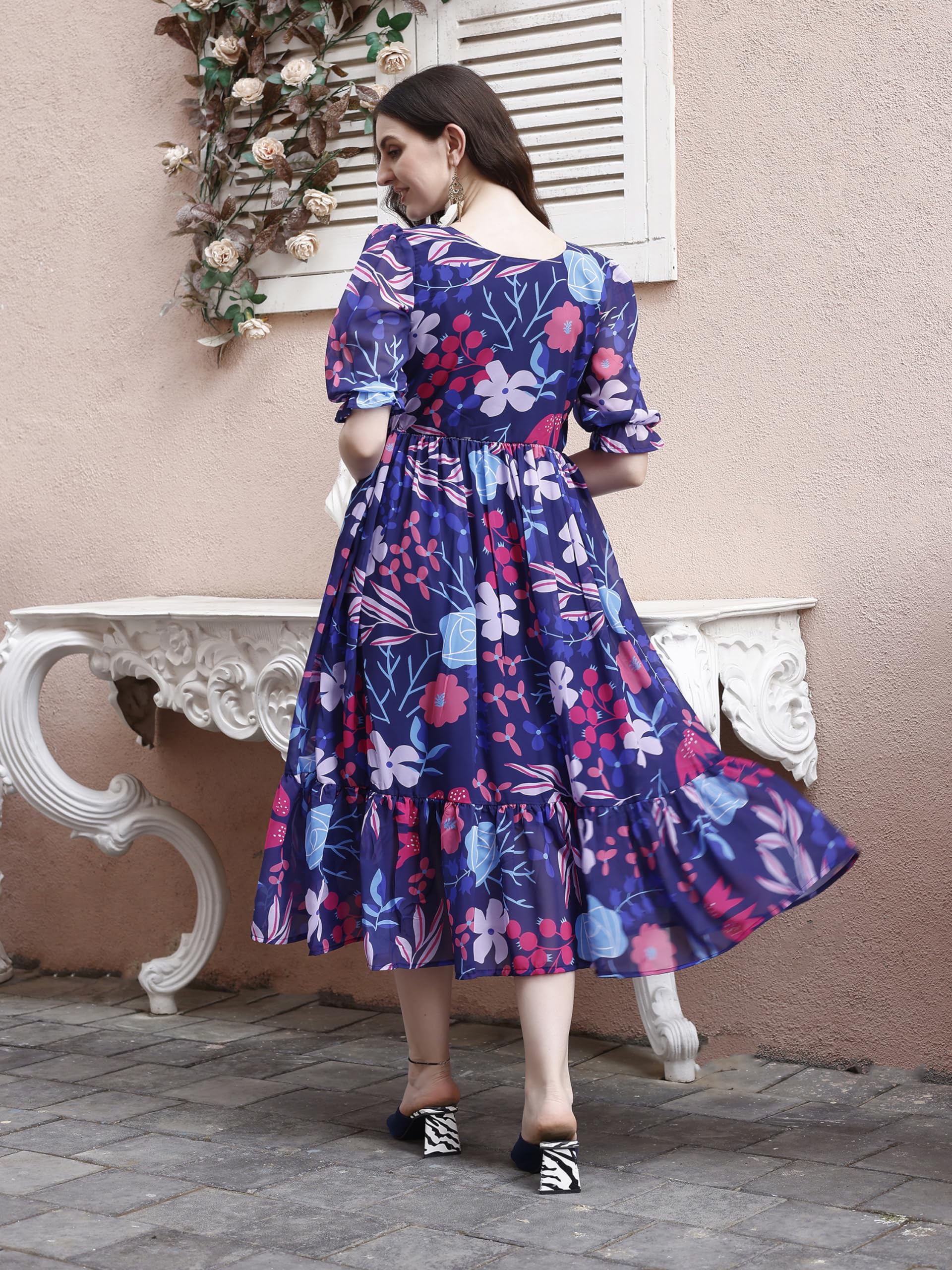 SMOWKLY Women's Georgette Floral Gown - Blue - Image 3