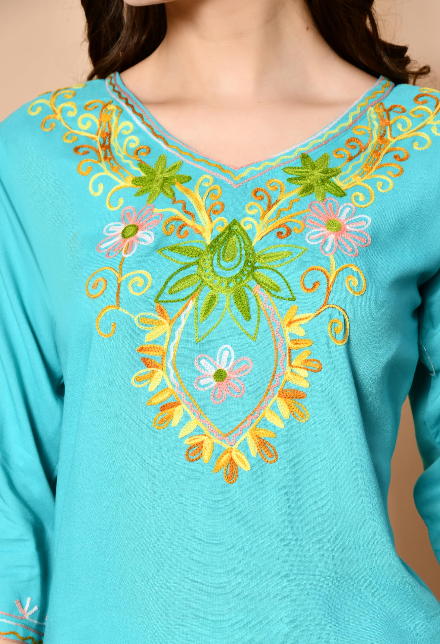 LIBOZA Embroidered Kashmiri Tunic Top for Women - Green - Image 3