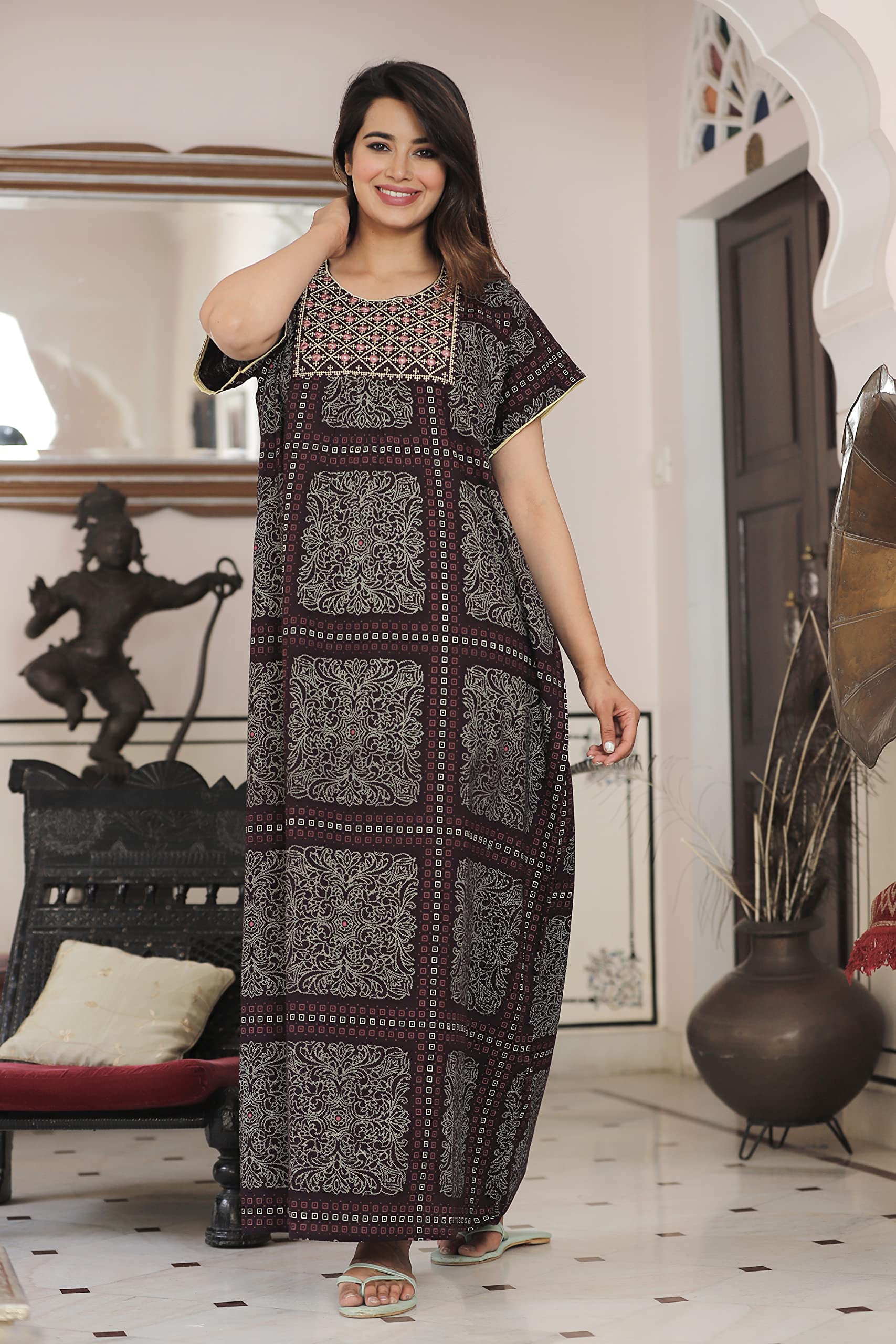 G4Girl Violet Cotton Embroidered Maxi Nighty for Women - Image 2