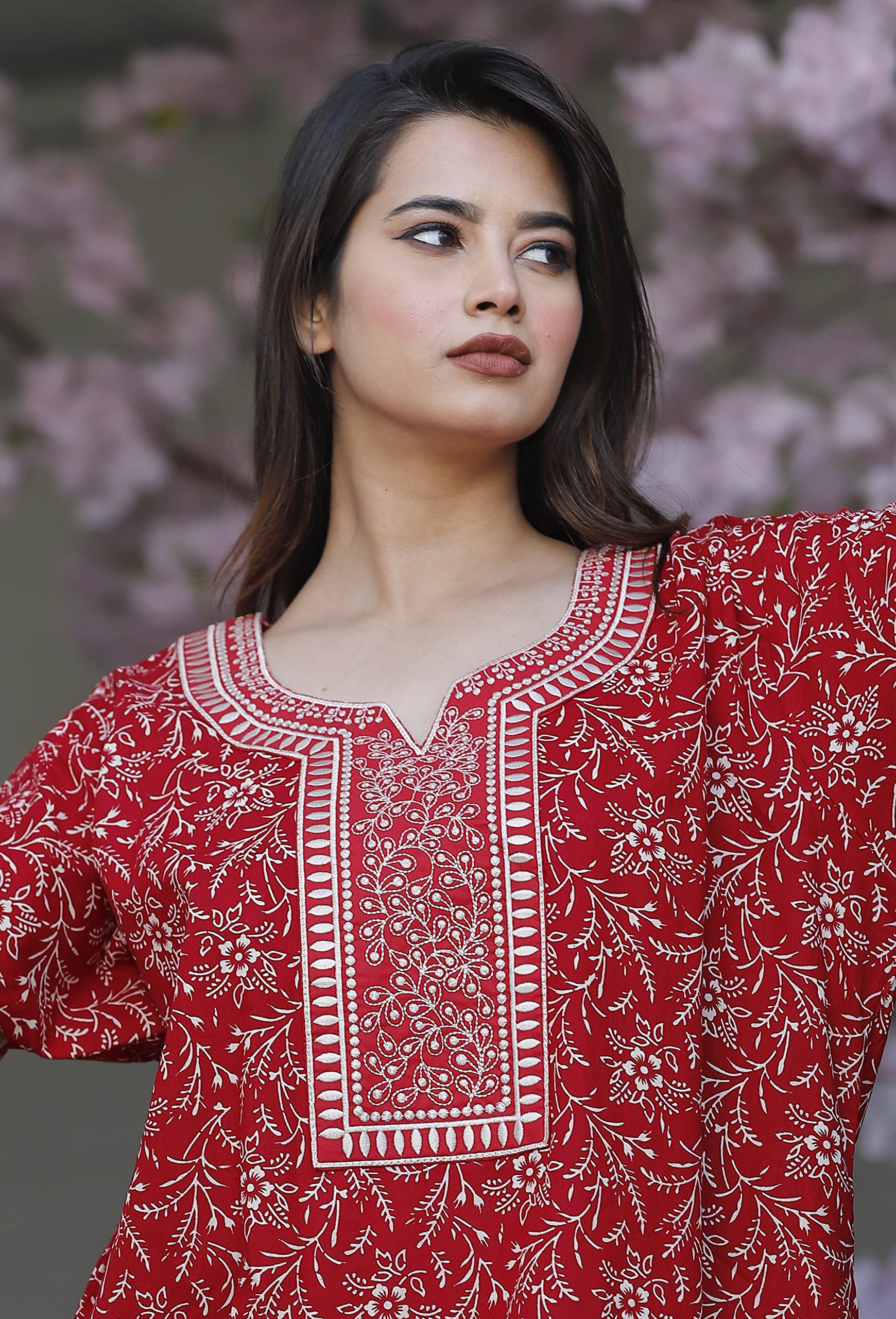 G4Girl Cotton Embroidery Nighty for Women - Red - Image 4