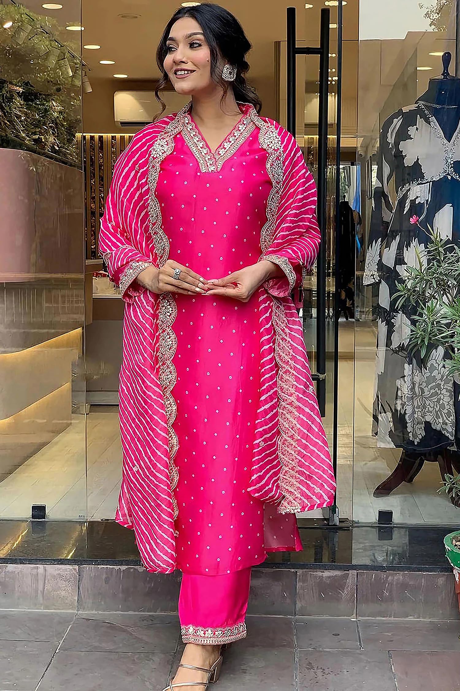 Rani Chinon Silk Kurta Pant Set with Dupatta - Bandhani - Image 5