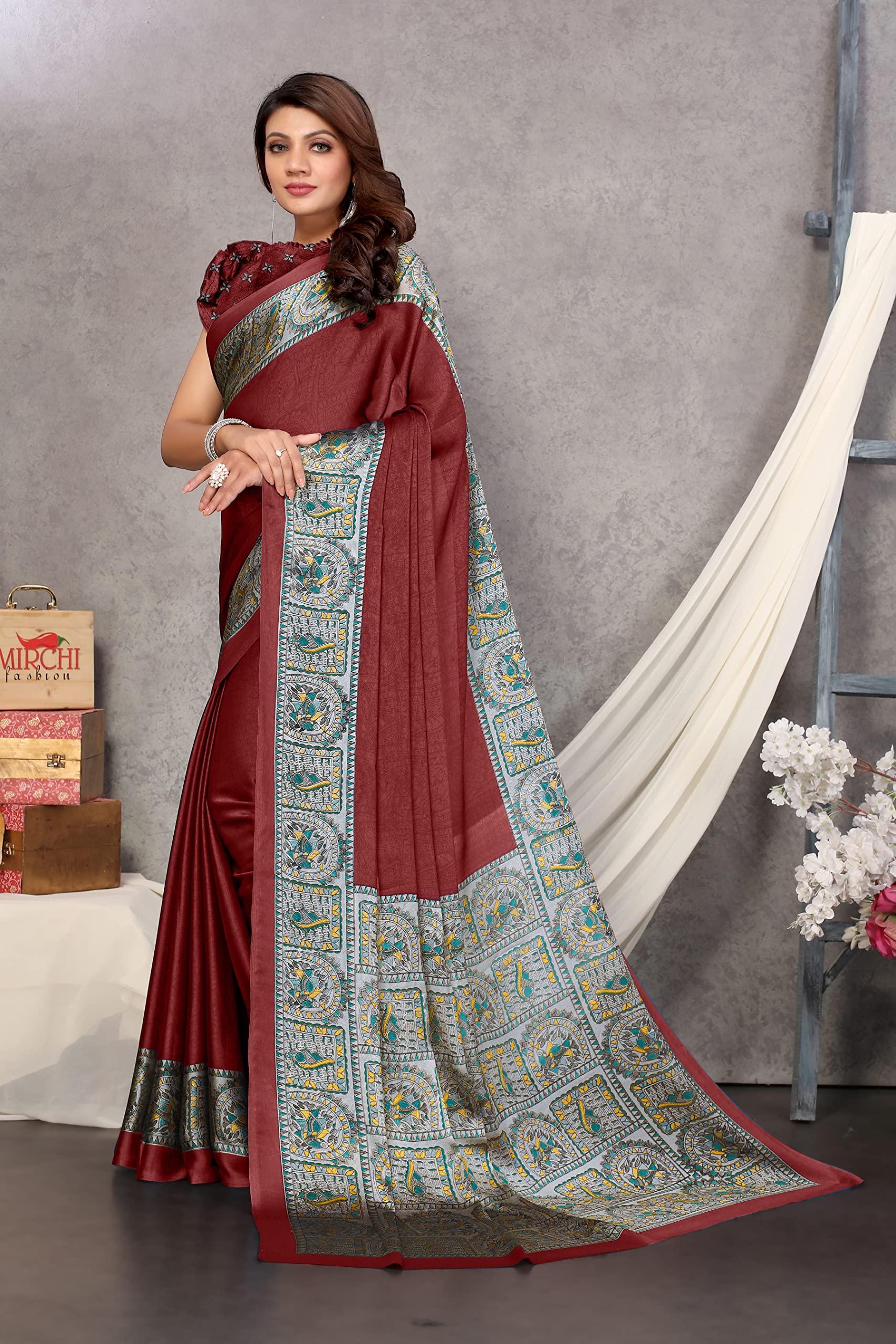 MIRCHI FASHION Chiffon Georgette Madhubani Printed Saree for Women - Maroon - Image 4