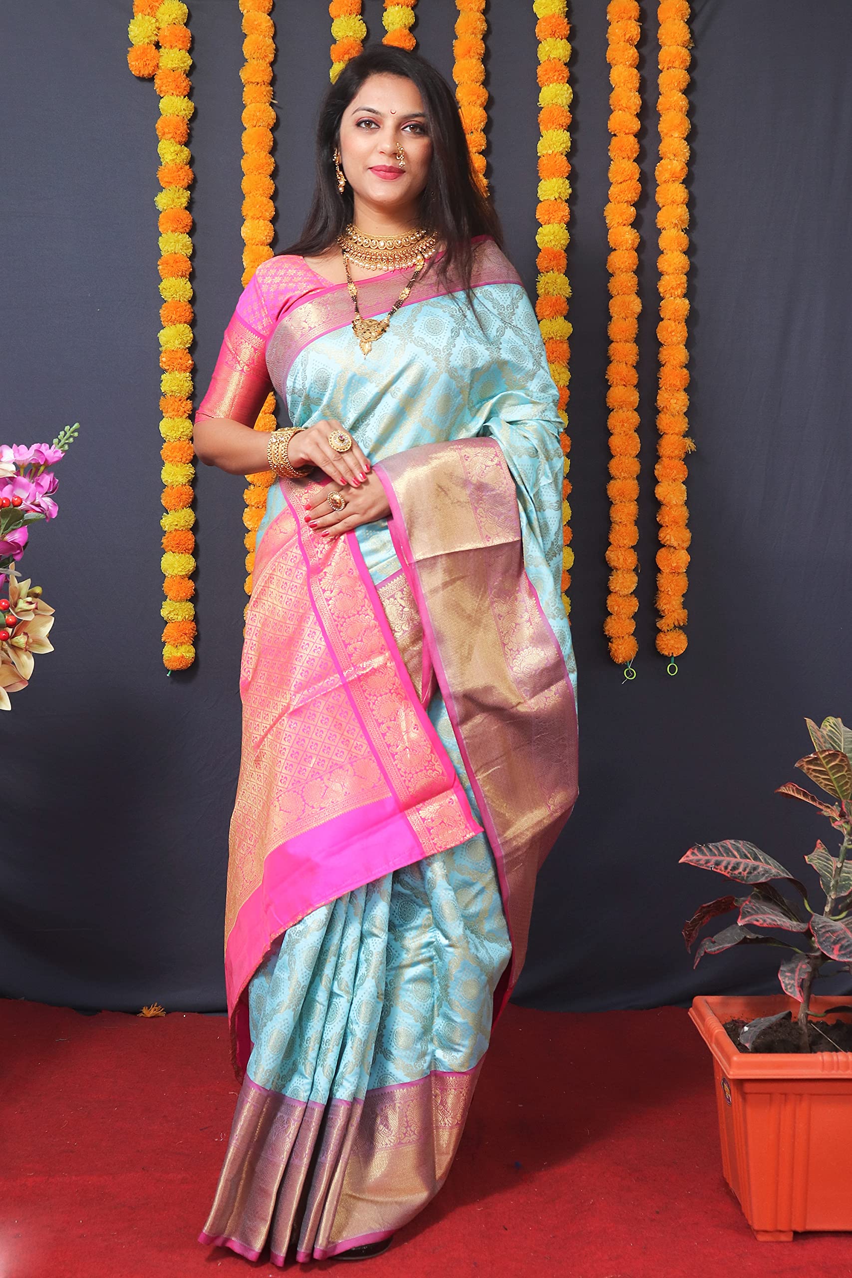 Kanjivaram Pure Silk Handloom Saree for Women - Light Blue - Image 2