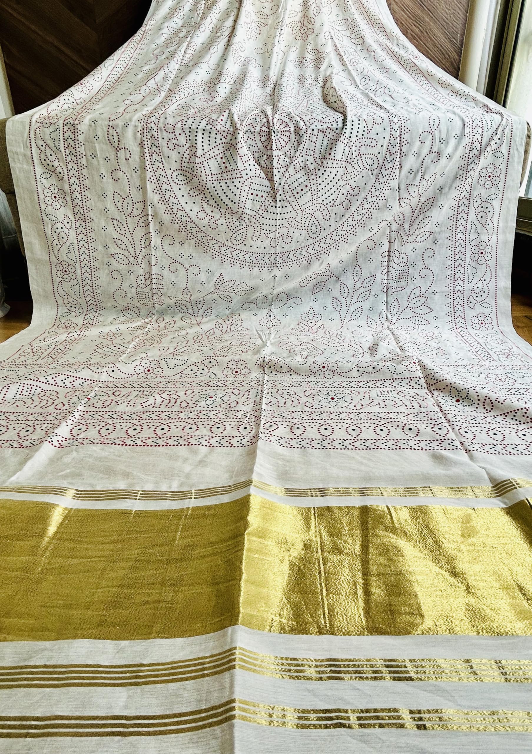 PolyCrepe Bandhej Dupatta with Golden Zari Border - Image 2