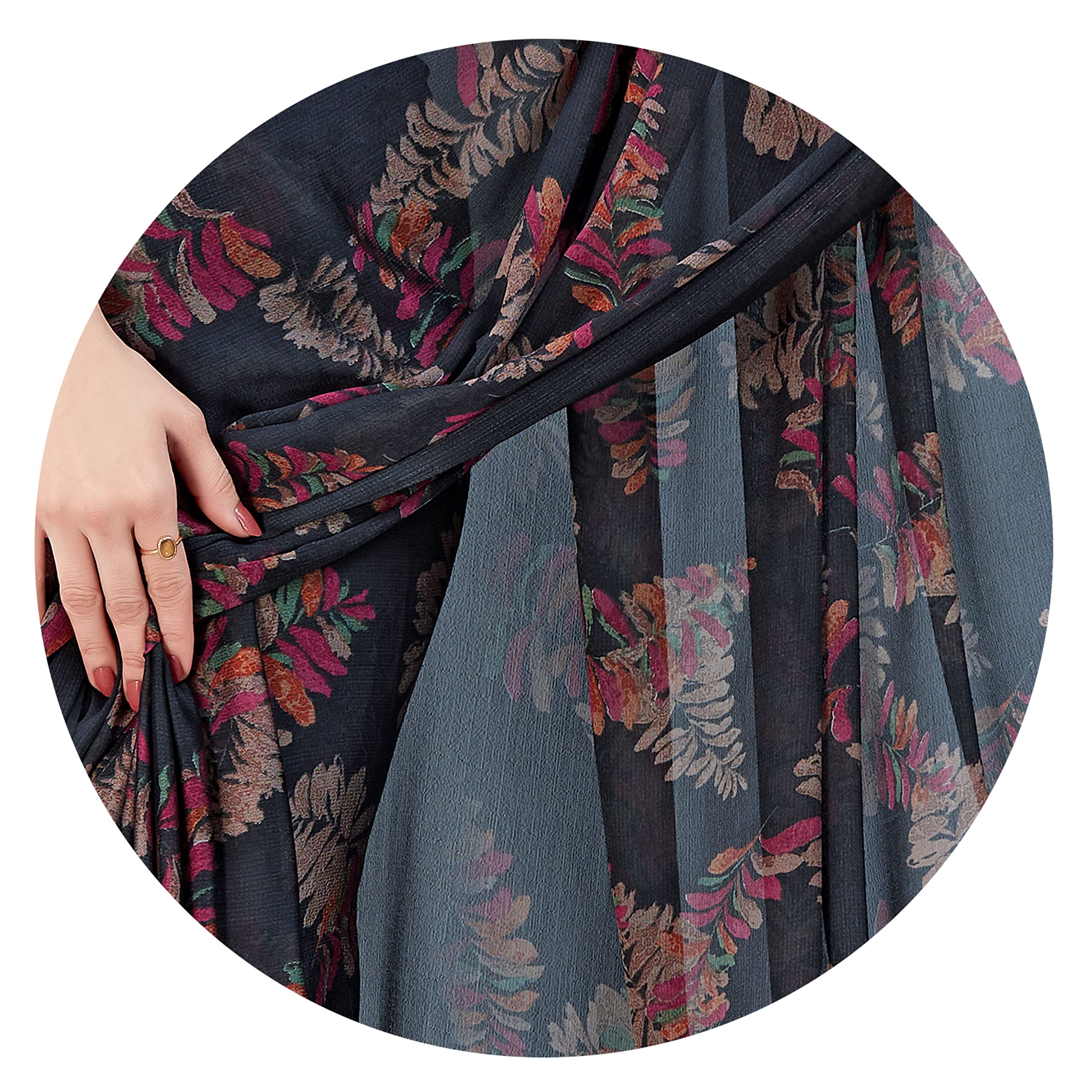 MIRCHI FASHION Leaf Printed Chiffon Saree for Women - Black - Image 5