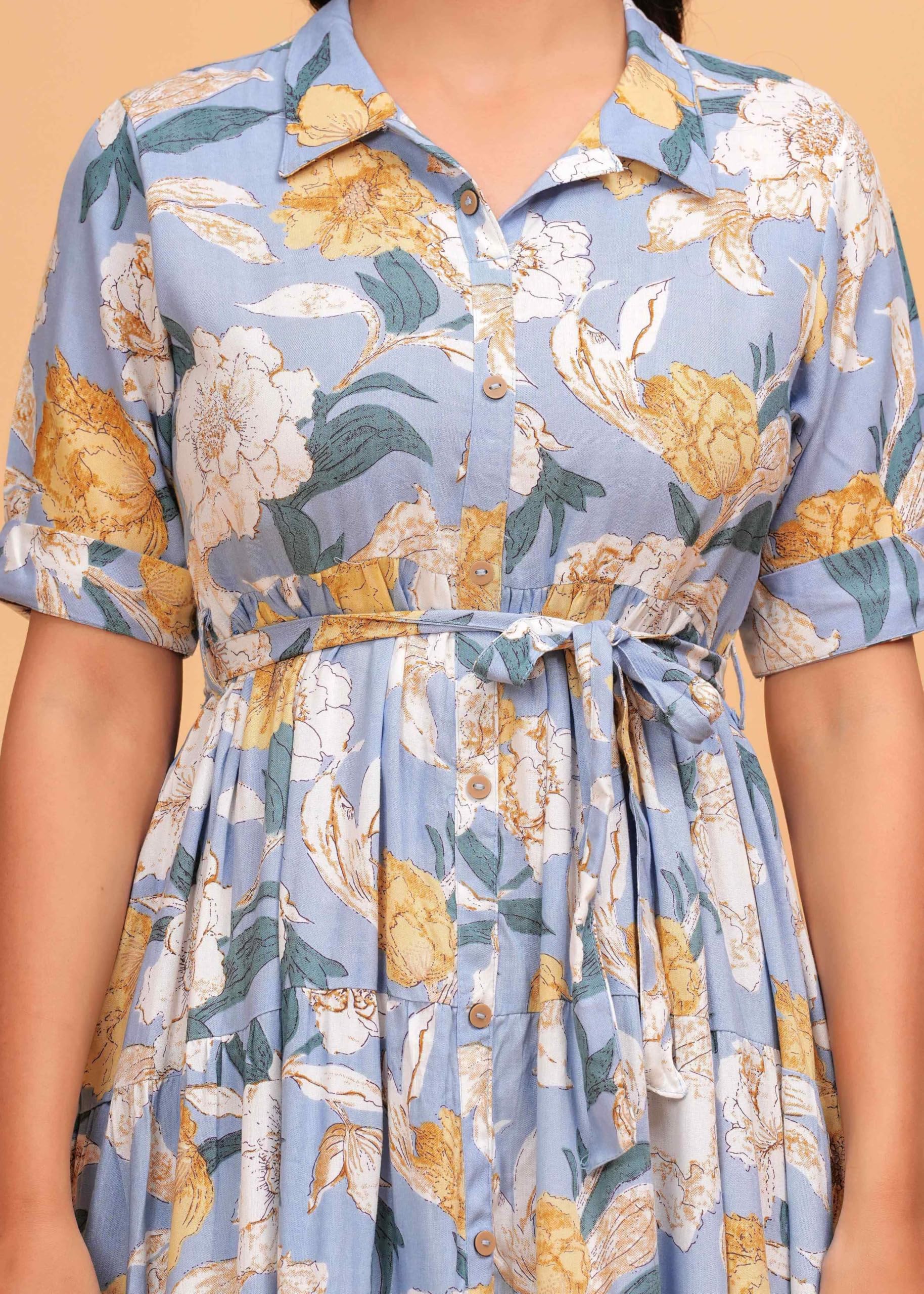 Jikonet Women's Floral Printed Cotton Maxi Dress - Light Blue - Image 4