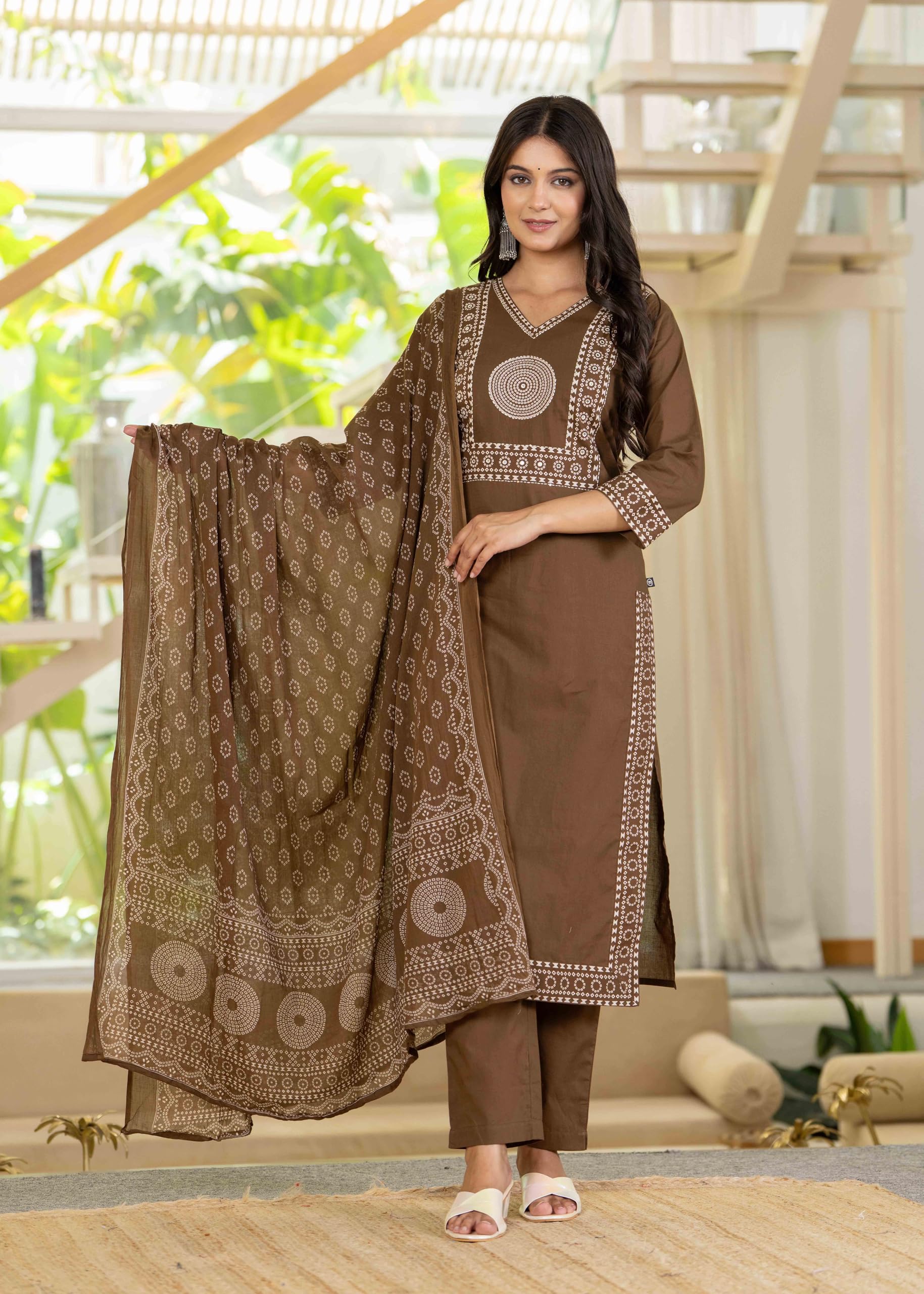 Pistaa Cotton Bandhani Kurta Set with Dupatta - Chocolate Brown - Image 2