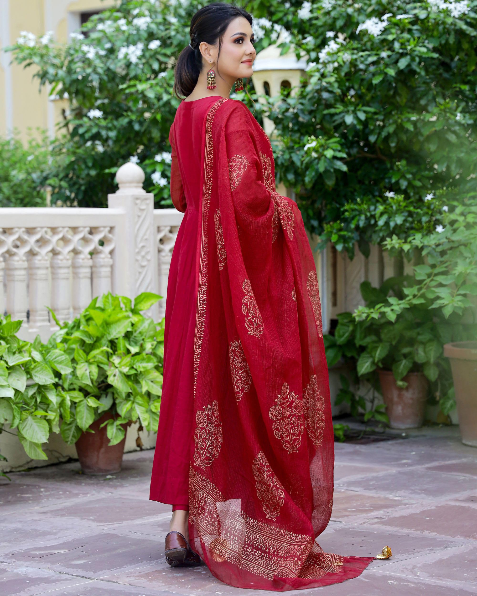 GoSriKi Women's Cotton Blend Anarkali Kurta - Red - Image 2