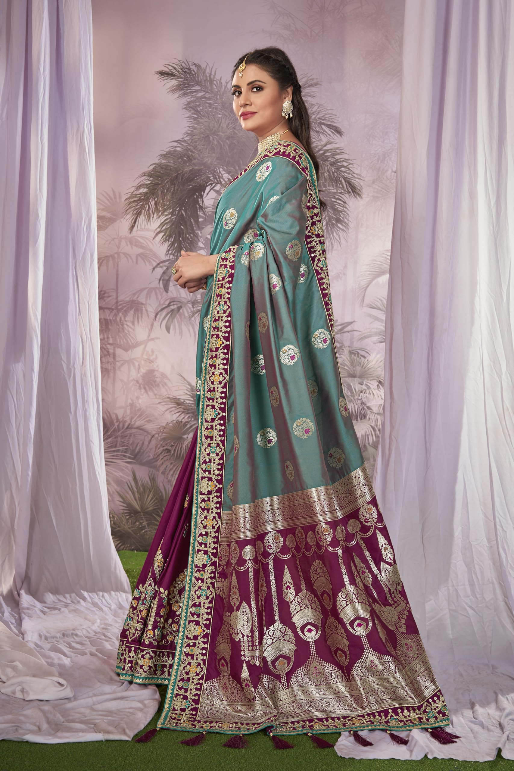 MANOHARI Women's Banarasi Silk Saree - Blue - Image 3