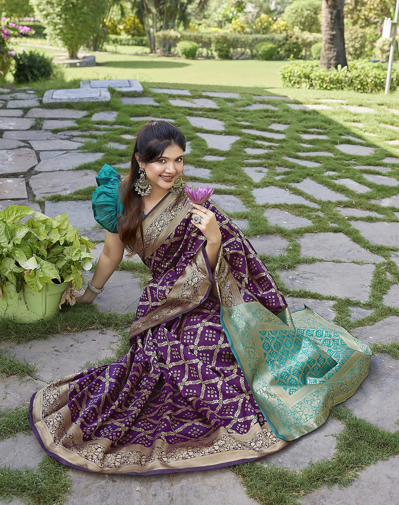 Yashika Banarasi Kanjivaram Art Silk Saree for Women - Purple - Image 3