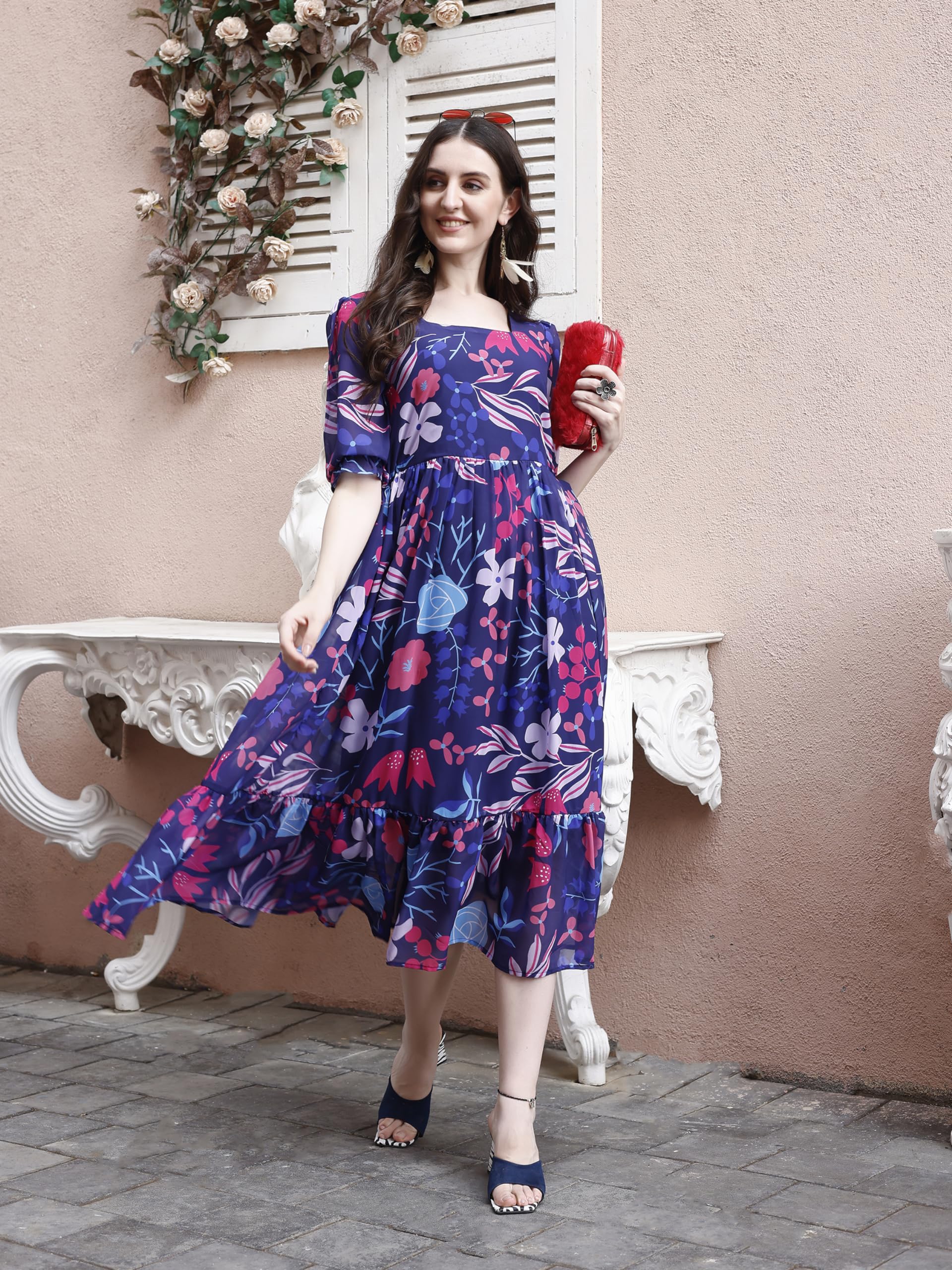 SMOWKLY Women's Georgette Floral Gown - Blue - Image 2