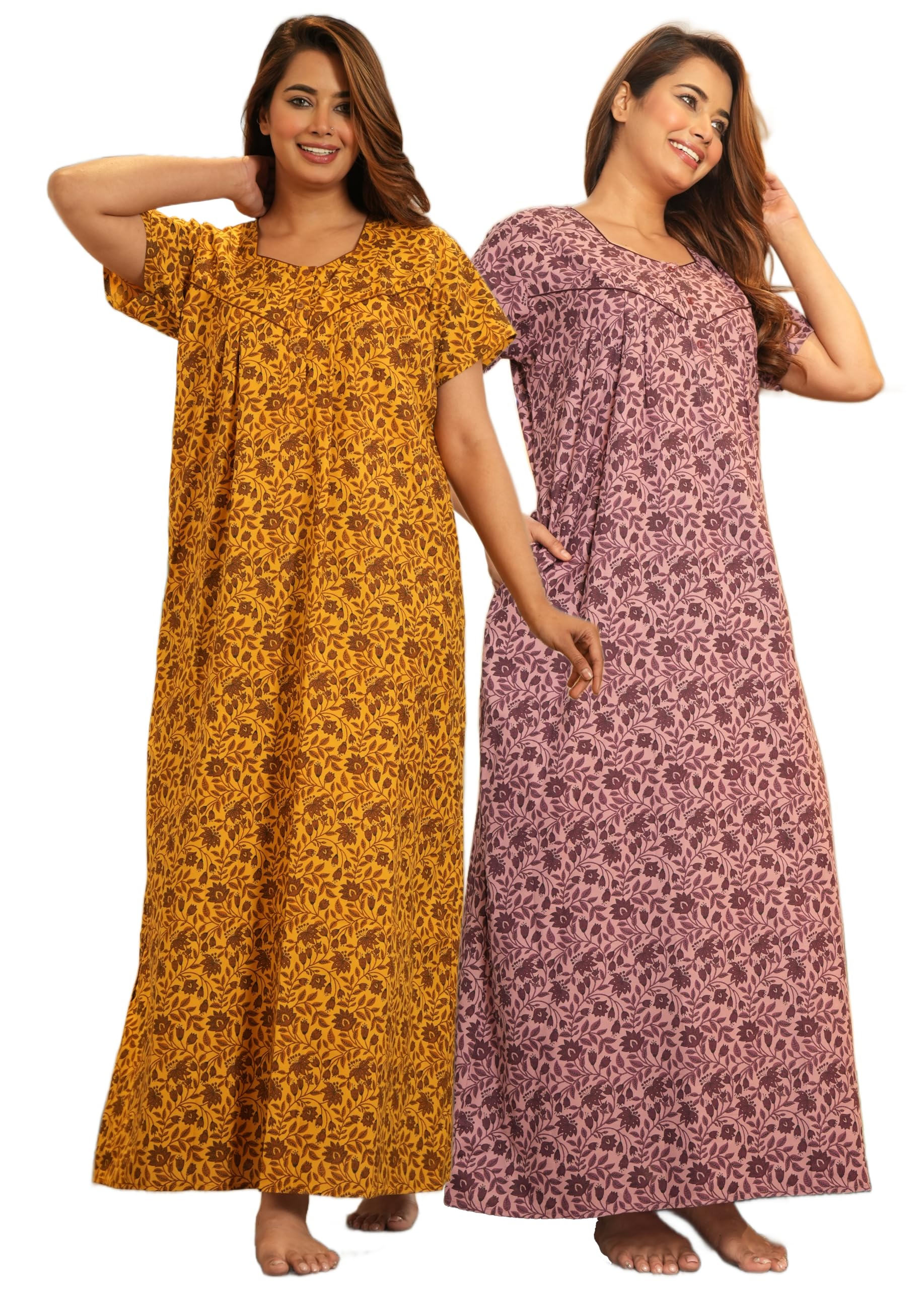 Jaipuri Cotton Nighty for Women - Yellow & Onion