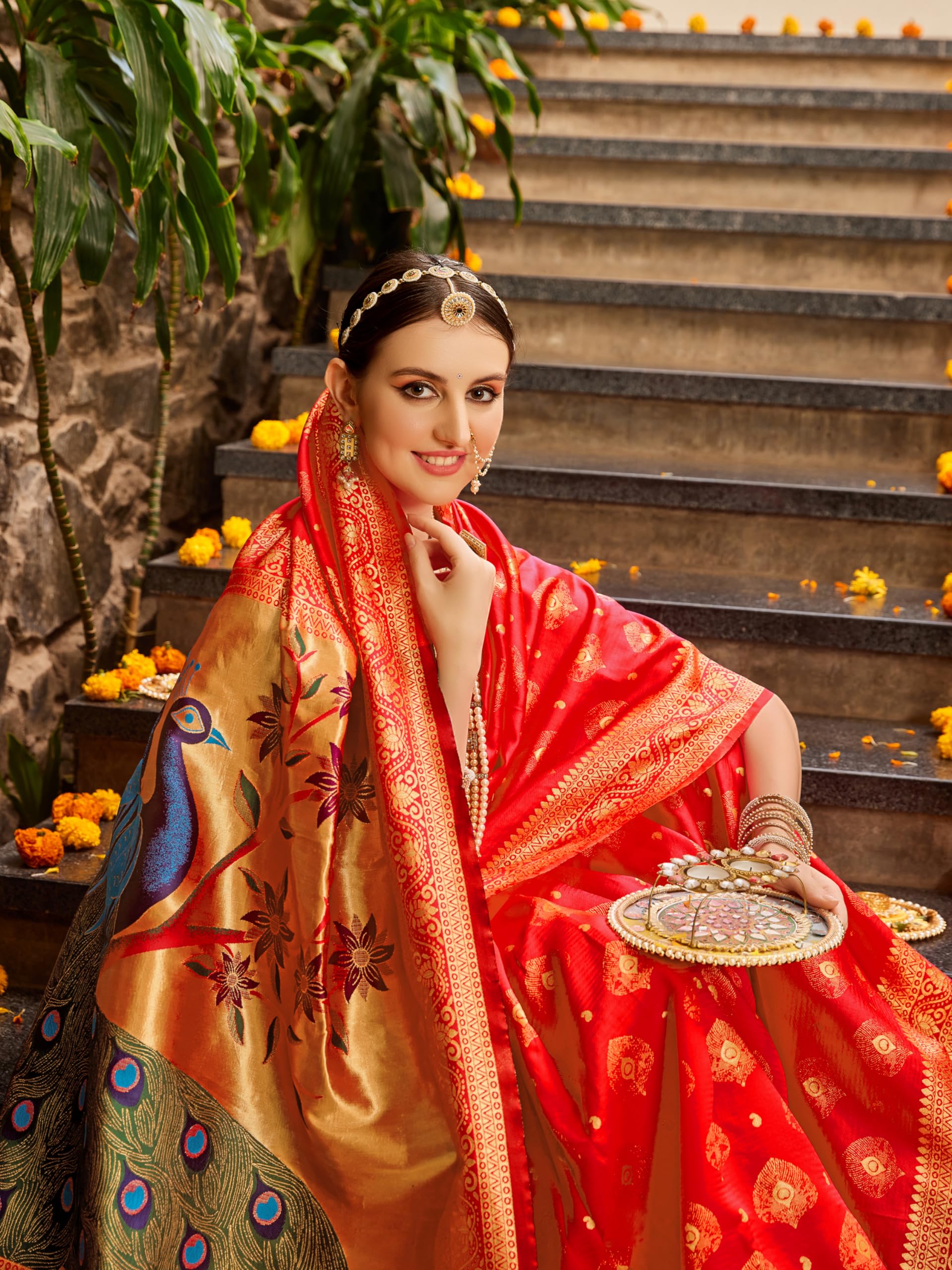 EthnicJunction Paithani Silk Saree for Women - Red - Image 3