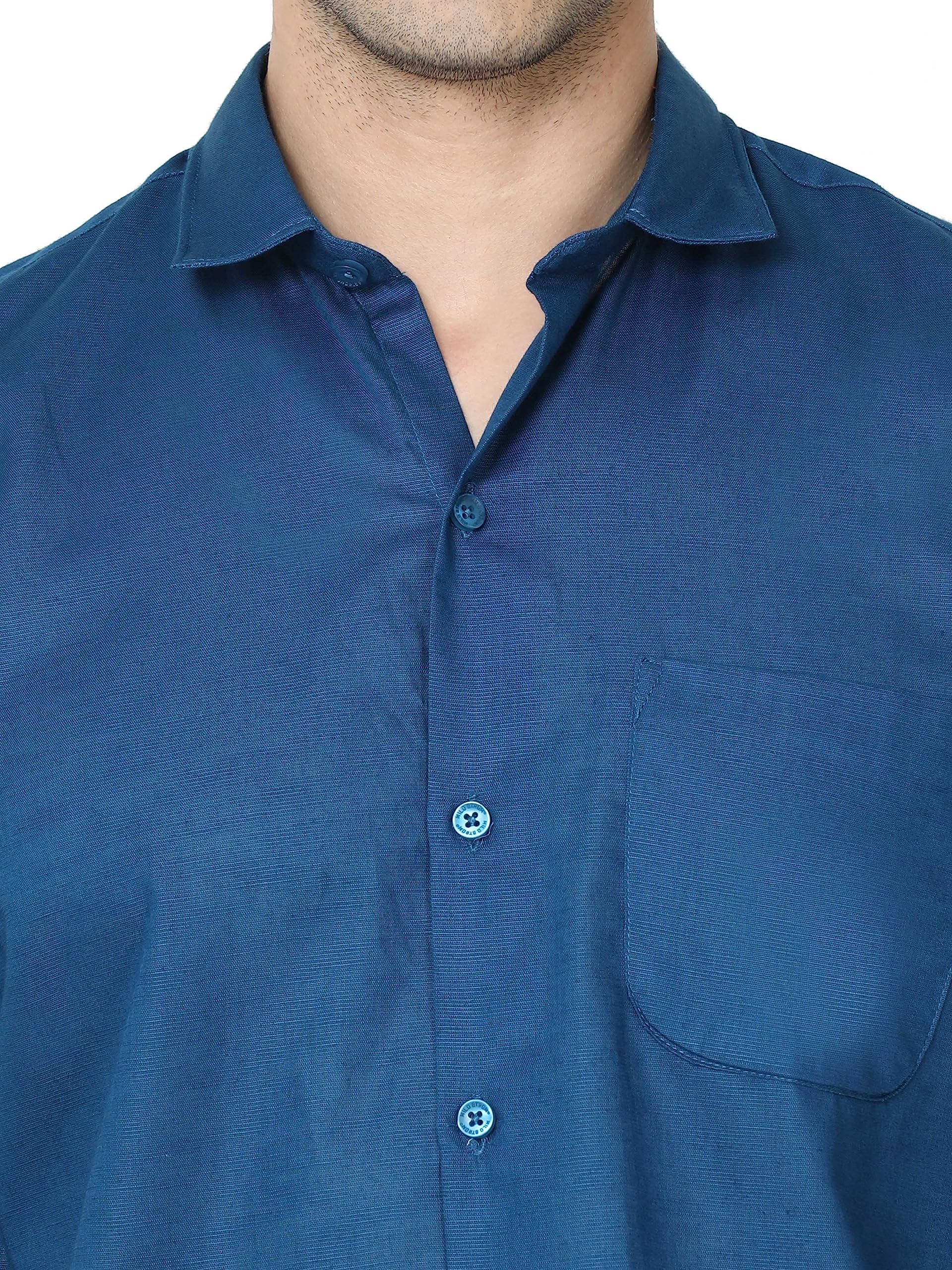 Miraan Men's Linen Cotton Shirt - Teal Blue - Image 4