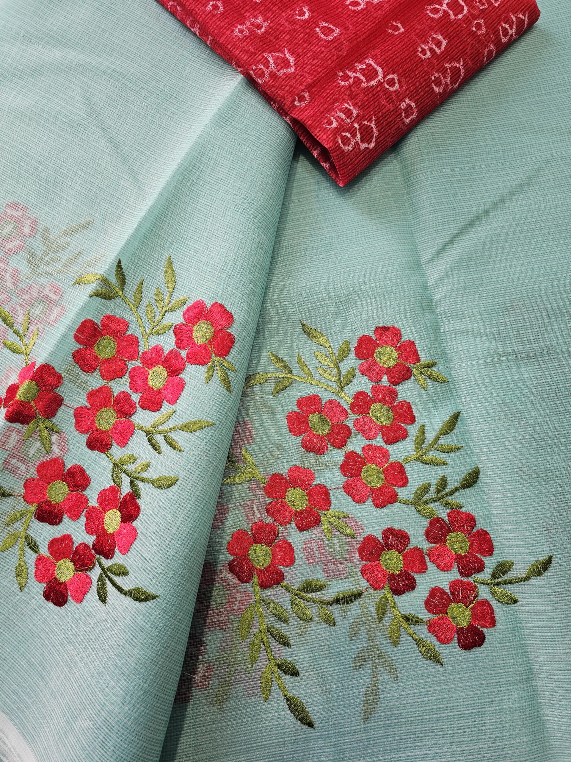 GarbGlide Kota Doria Cotton Embroidered Saree - Sea Green - Image 4
